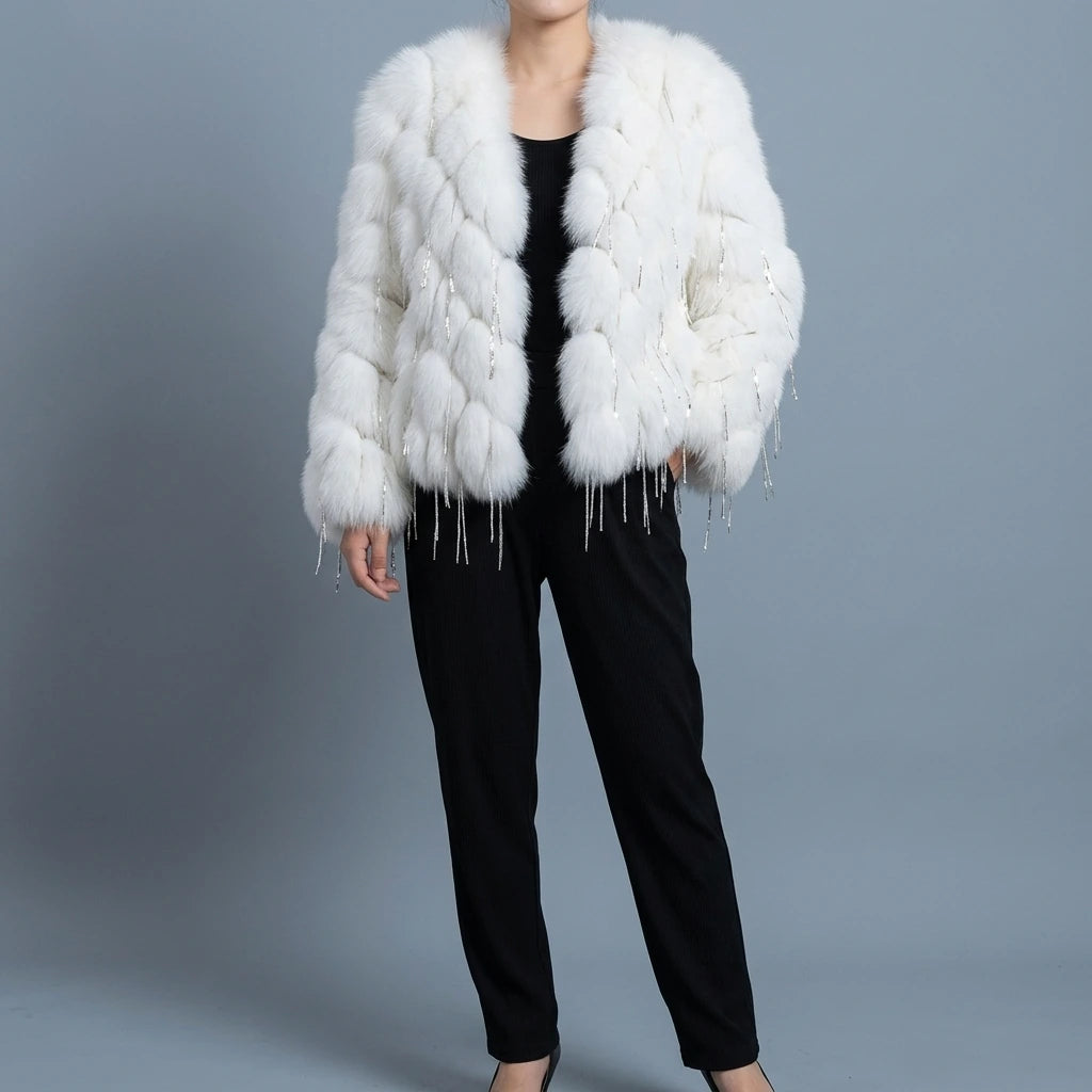 Fox fur coat women's fur car stripe tassel short V-neck — lifestyle
