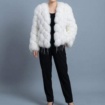 Fox fur coat women's fur car stripe tassel short V-neck — lifestyle