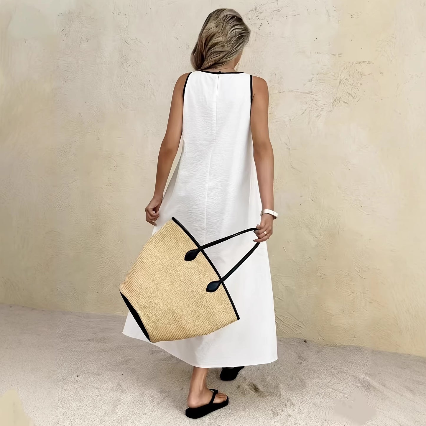 White Summer Vest Long Dress, Solid Color A-Line Maxi, Sleeveless High Waist, Elegant Japanese Style, Polyester