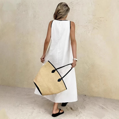 White Summer Vest Long Dress, Solid Color A-Line Maxi, Sleeveless High Waist, Elegant Japanese Style, Polyester