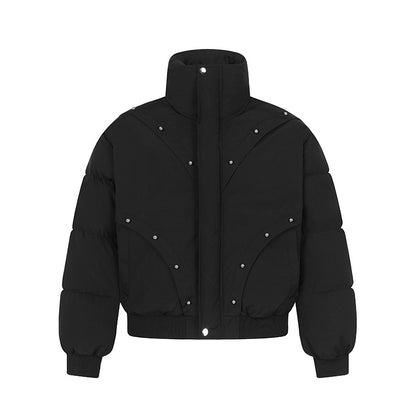 Beaded Design Thick Stand-up Collar Puffer Jacket for Men and Women Casual Warm Cotton Coat