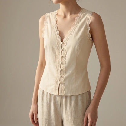 Elegant Sleeveless V Neck Vest Top for Women Daily Basic Hip Length Single Breasted Button Lace Tie Apricot Polyester Summer Spring — lifestyle