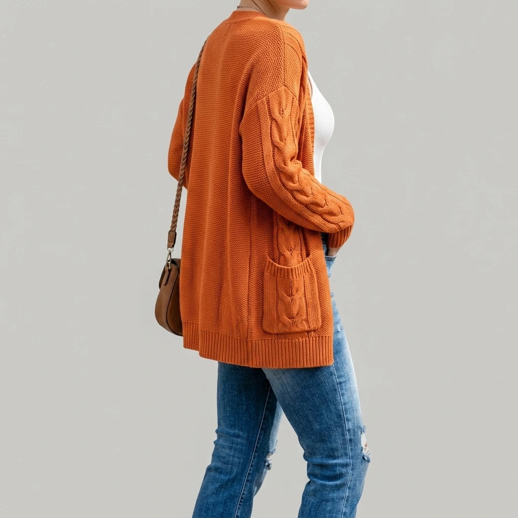 Ribbed Trim Eyelet Cable Knit Cardigan — lifestyle