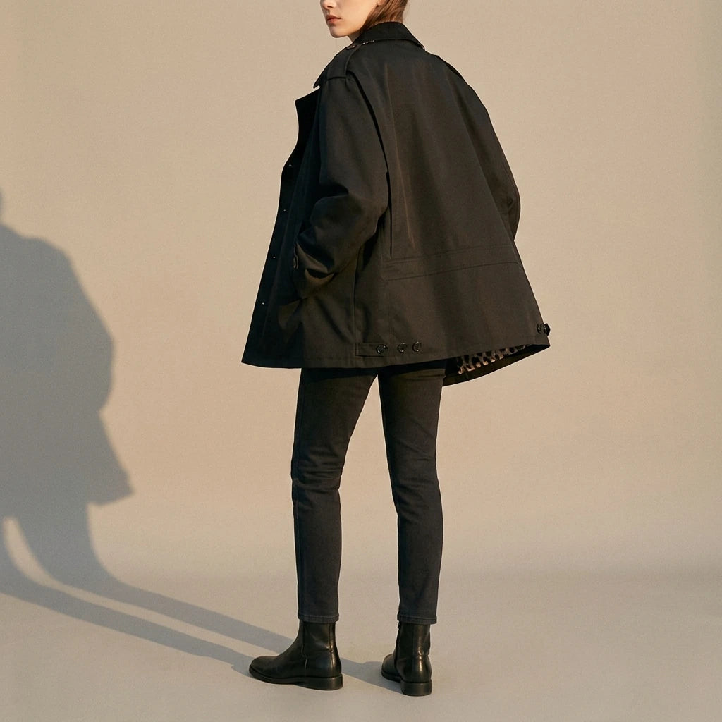 Suede patchwork collar trench coat — lifestyle