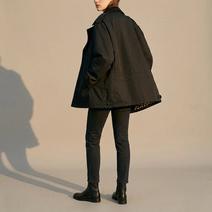Suede patchwork collar trench coat — lifestyle