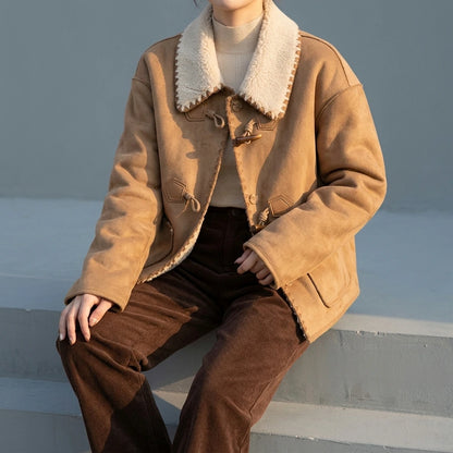 Faux Suede Shearling Coat for Women Winter Short Length Thickened One-Piece Fur and Leather Jacket — lifestyle