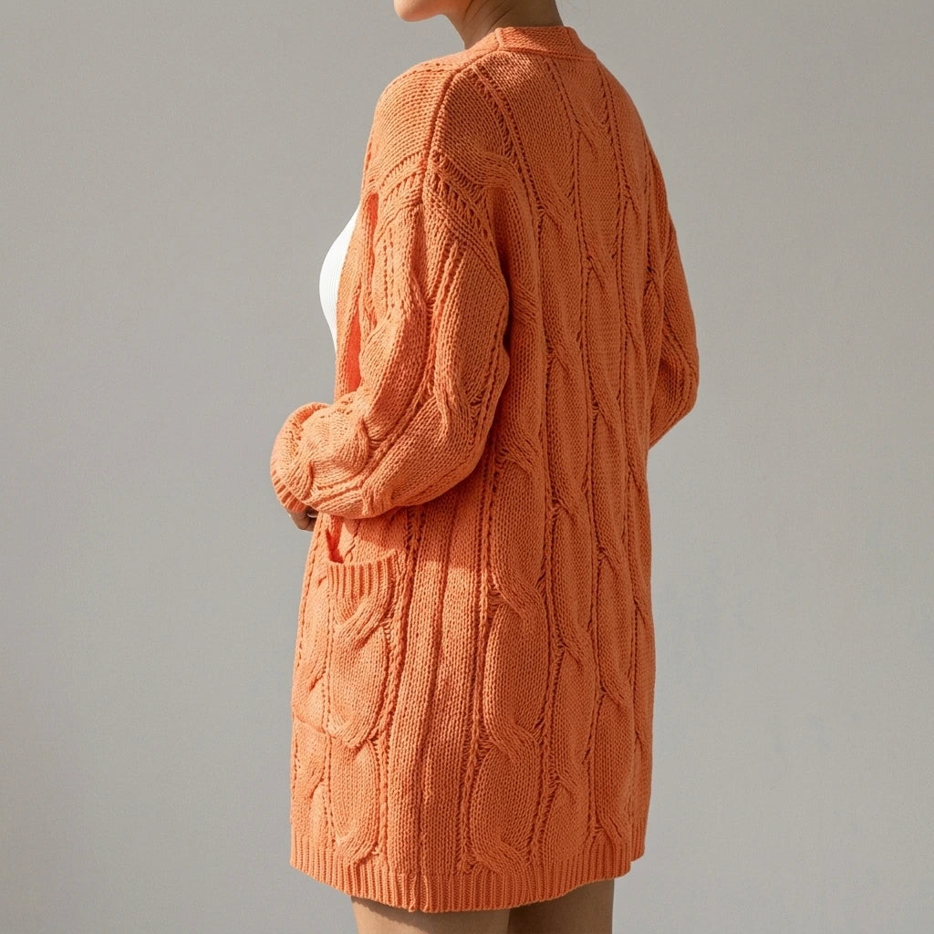 Ribbed Trim Eyelet Cable Knit Cardigan — lifestyle