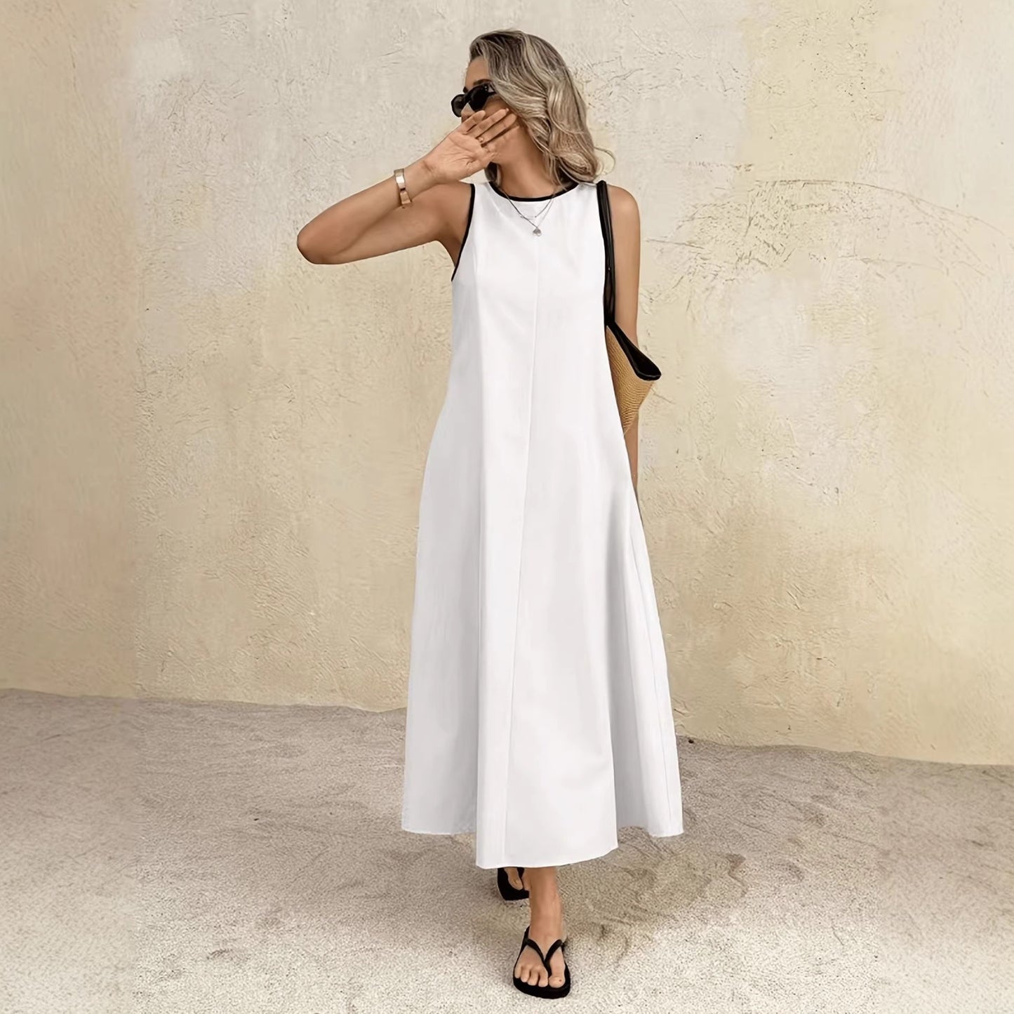 White Summer Vest Long Dress, Solid Color A-Line Maxi, Sleeveless High Waist, Elegant Japanese Style, Polyester