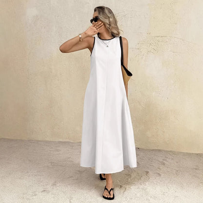 White Summer Vest Long Dress, Solid Color A-Line Maxi, Sleeveless High Waist, Elegant Japanese Style, Polyester