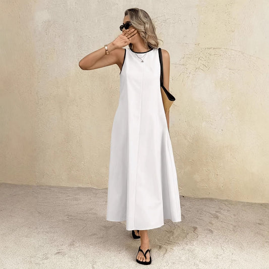White Summer Vest Long Dress, Solid Color A-Line Maxi, Sleeveless High Waist, Elegant Japanese Style, Polyester