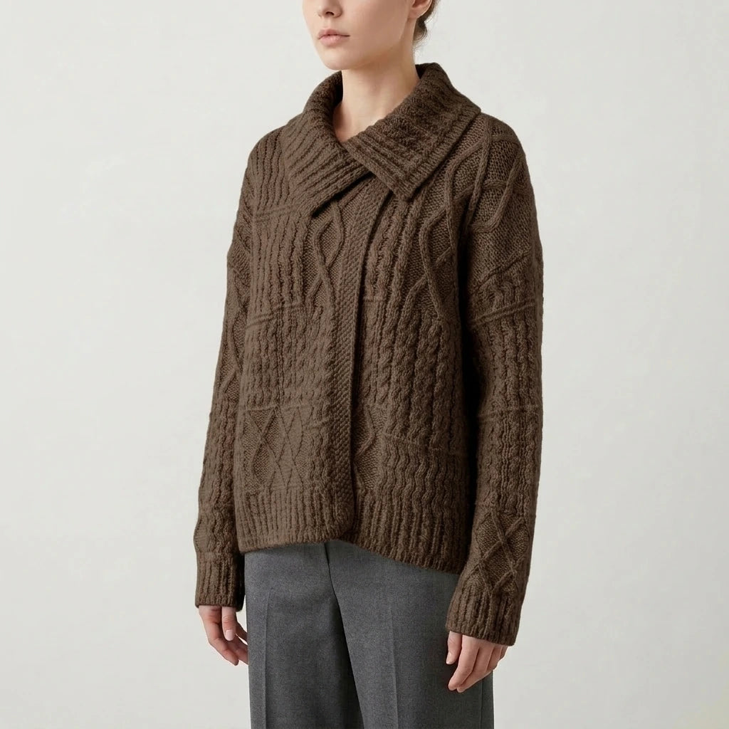 Turn-Down Collar Cable Knit Sweater Coat for Women Autumn Winter Retro Lazy Style Thick Chunky Knit Sweater — variant_front