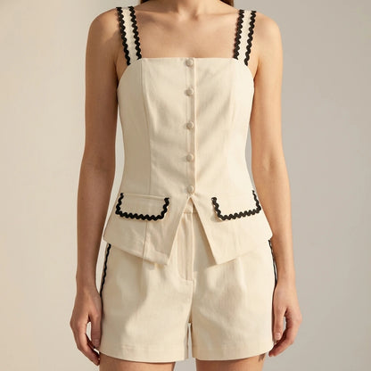 Beige Contrasting Pocket Cami Top Women's Sleeveless Square Neck Hip-Length Button Detail Office Workwear Summer Spring Polyester Spandex — lifestyle