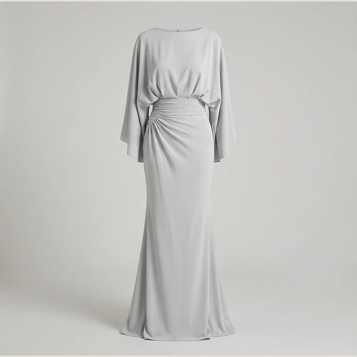 Silver Backless Maxi Dress, Pleated Mermaid Long Gown, Batwing Three-Quarter Sleeve, Elegant Polyester, Summer — product_only_front