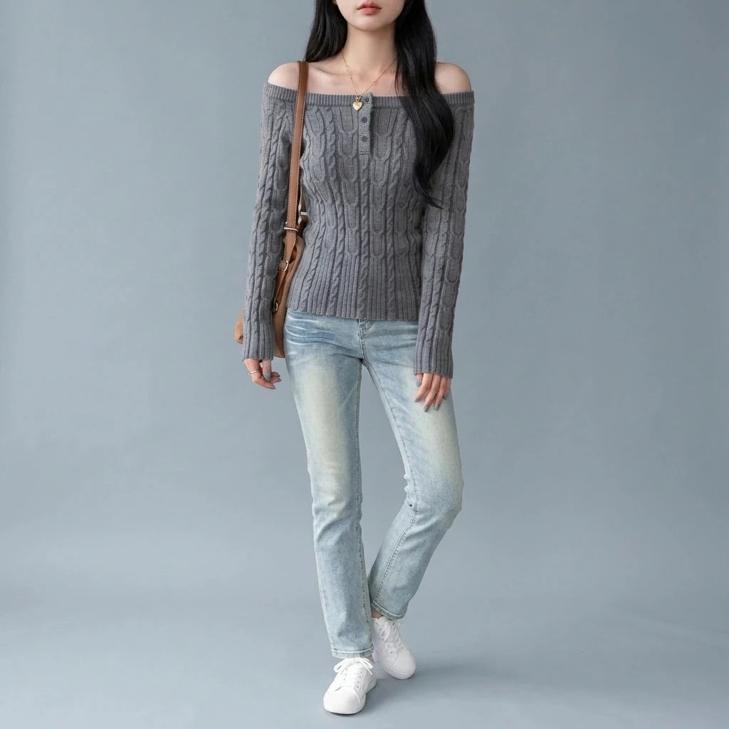 Chunky Knit Off-Shoulder Grey Sweater Top for Women, Long Sleeve, Short Length — variant_front