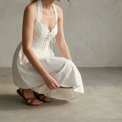 Refined White Embroidery Midi Dress Women's Formal A-Line Halter Sheath Sleeveless Slip Special Occasion Summer Viscose No Stretch — lifestyle
