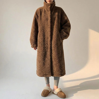 Maillard Little Teddy sheep wool stand collar coat long sheep shearling lamb fur coat thick loose — variant_front