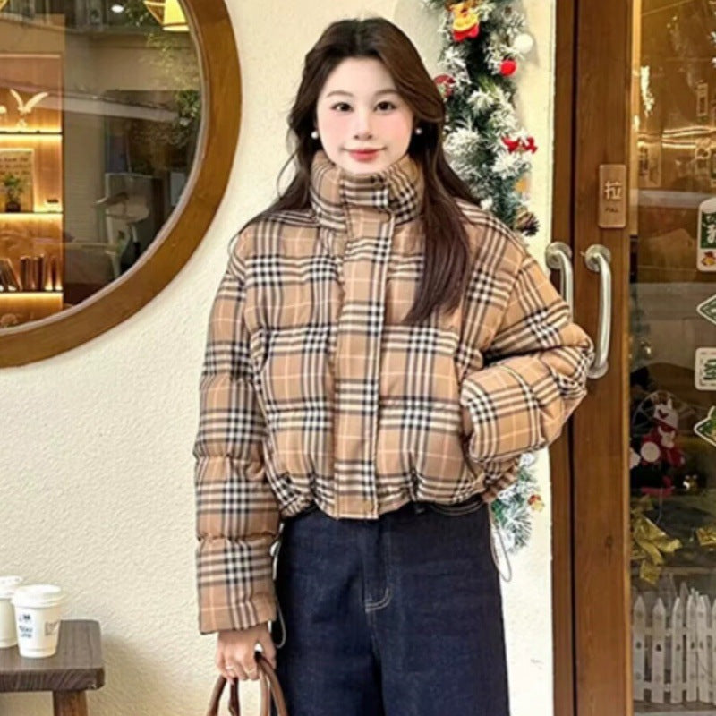 Winter New  Plaid Short Puffer Coat for Petite Women, Thick Warm Cotton Jacket, Fashionable Hooded Outwear