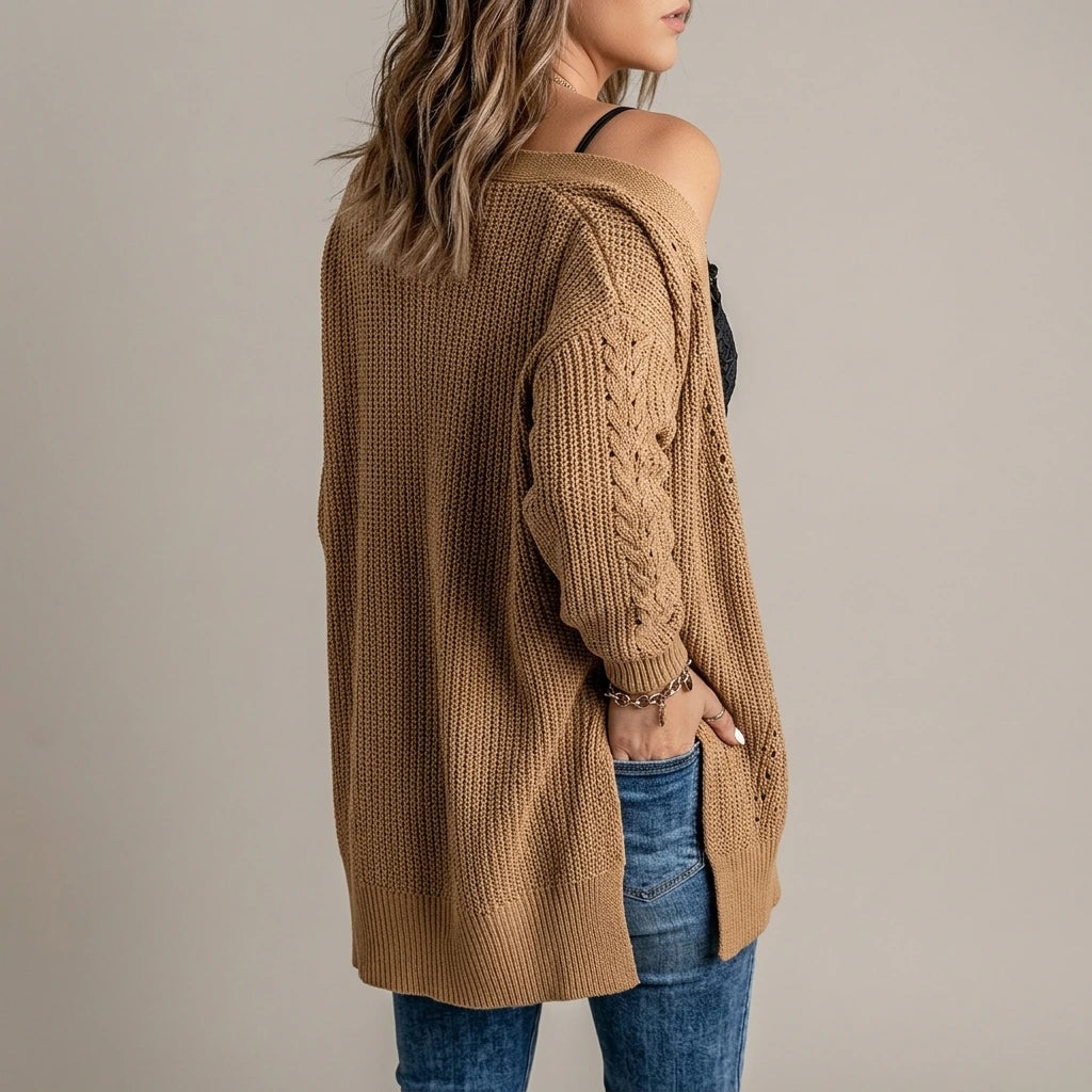 Apricot Drop Sleeve Cable Knit Cardigan with Slits — lifestyle