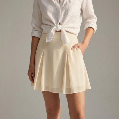 Elegant A-Line Mini Skirt for Women, High Waist, Chiffon, Lightweight, Daily Casual or Spring Summer Outfits, Solid Apricot, Polyester, No Stretch — lifestyle