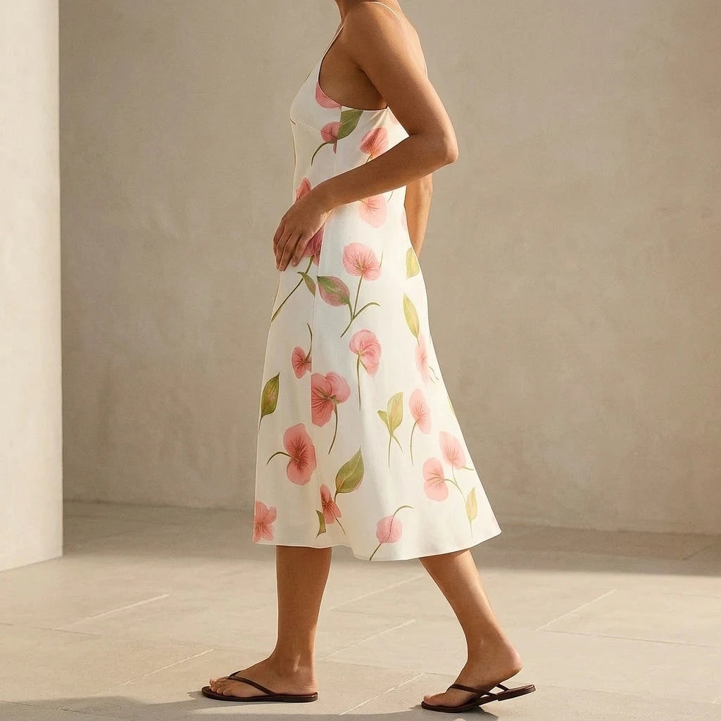 White Floral Slip Midi Dress for Women Sleeveless Sheath A-Line Natural Waist Beach Vacation Brunch Summer Wedding Poly No Stretch White — lifestyle