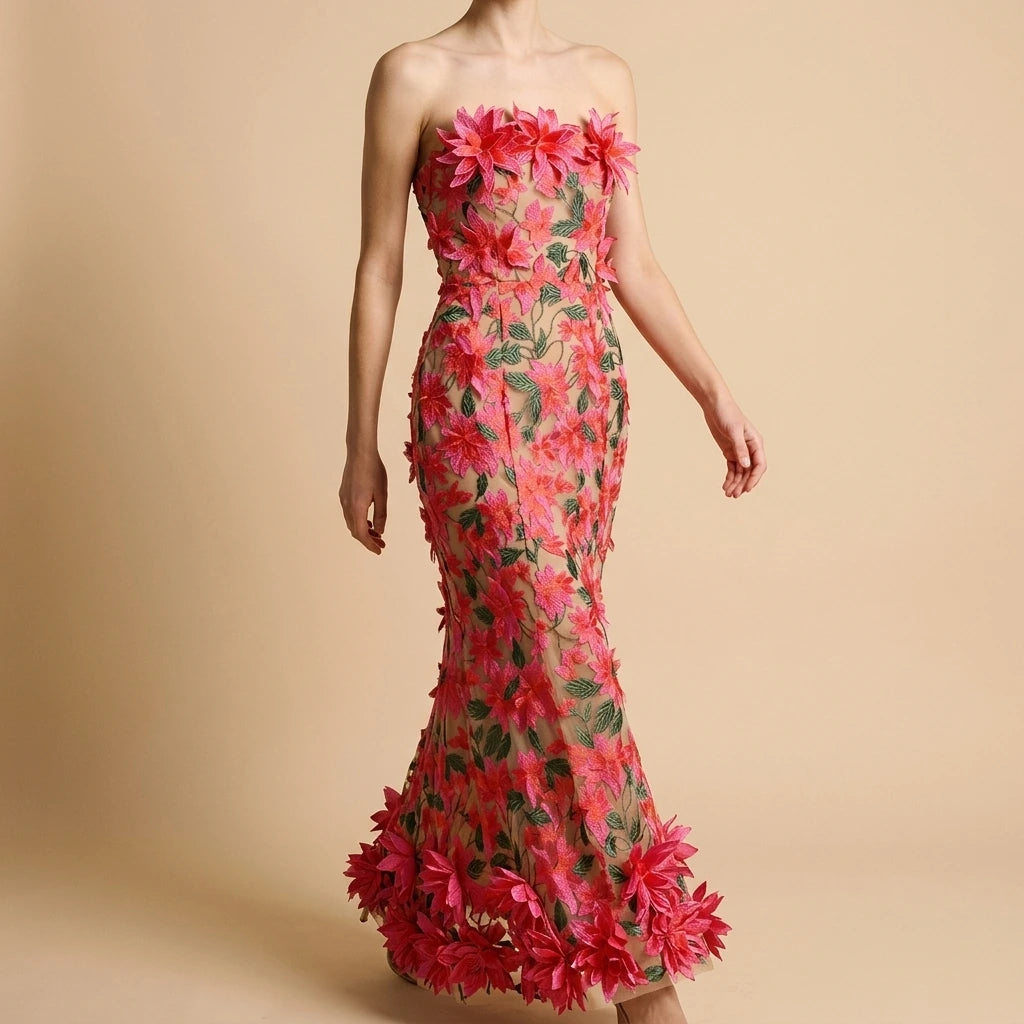 Elegant Vintage Party Mini Dress withFloral Embroidery Women's Strapless Dress — lifestyle