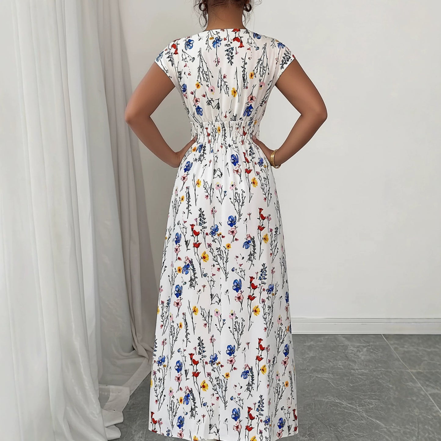White V Neck Long Dress, Lace Up A-line Floral Elegant Pullover, Summer Occasion Dress