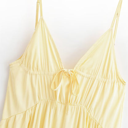 Yellow Pleated Maxi Dress, Sleeveless Deep V-Neck, Elastic Polyester, Summer Hot Girl Casual Style