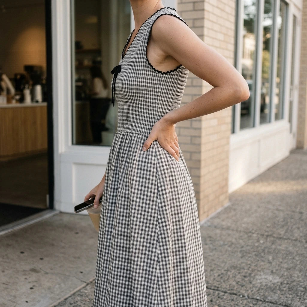 Elegant Plaid Midi Dress for Women Shirred Sheath Contrasting V Neck Sleeveless Natural Waist Daily Summer 100% Cotton Black — lifestyle