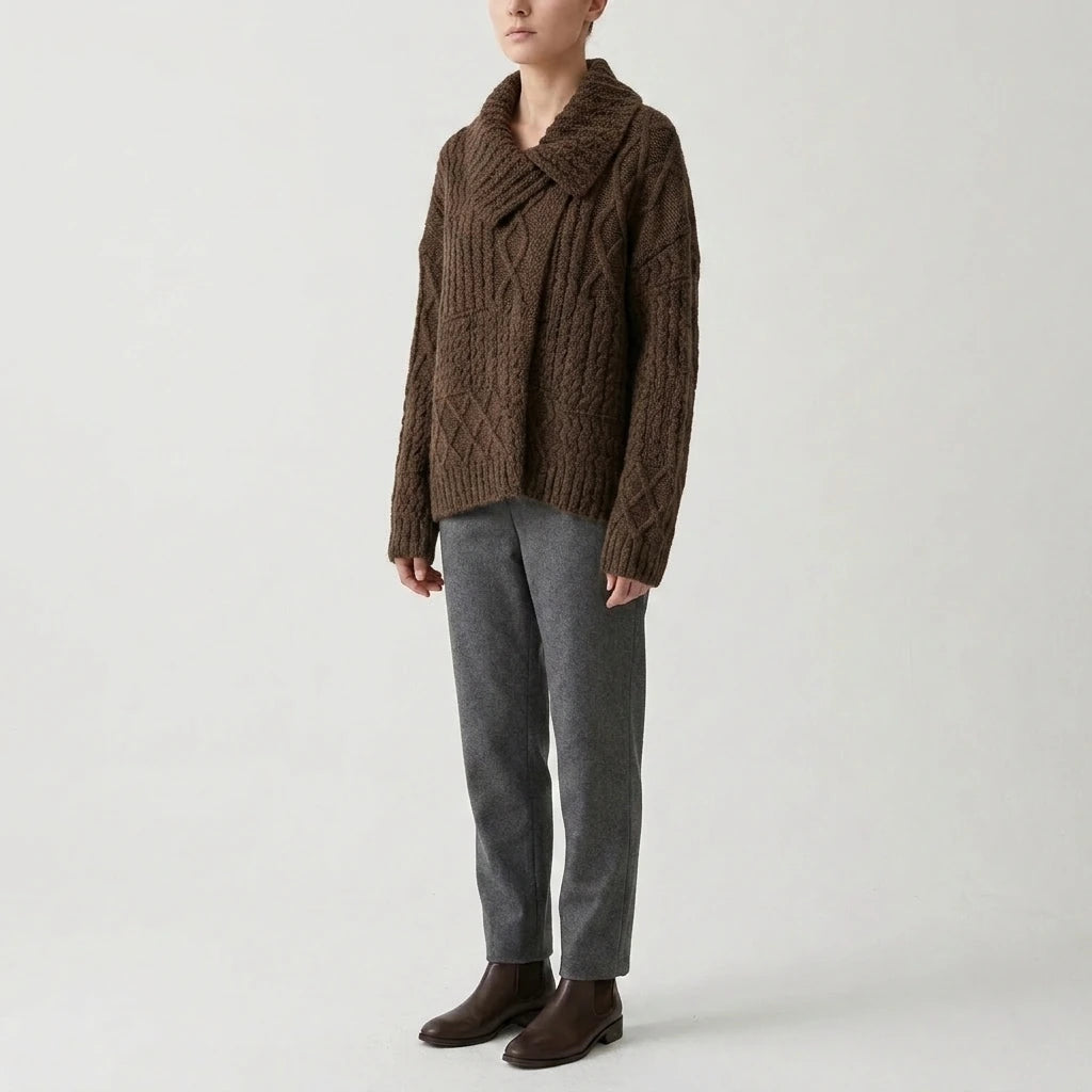 Turn-Down Collar Cable Knit Sweater Coat for Women Autumn Winter Retro Lazy Style Thick Chunky Knit Sweater — variant_front