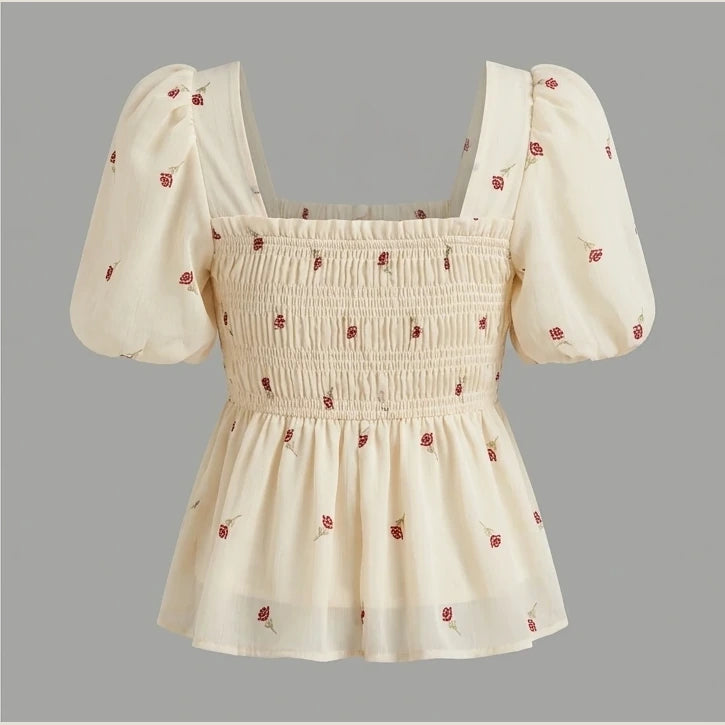 French Style Floral Print Square Collar Bubble Sleeve Slimming Top Short Sleeve Waist Cinched Summer 2026 Fashion Trend — product_only_back