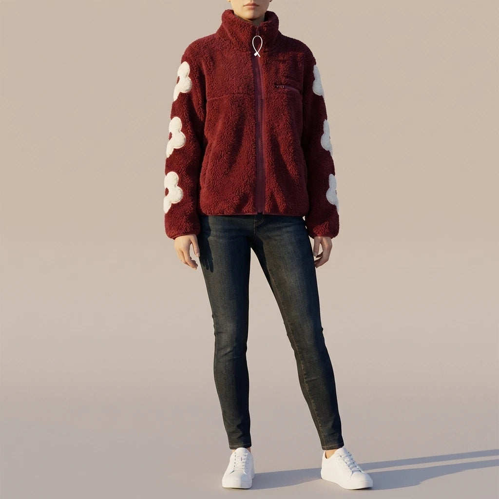 Autumn and Winter Puff Flower Patch Embroidery Half High Collar Zipper Shake Fleece Teddy Coat — lifestyle_lead