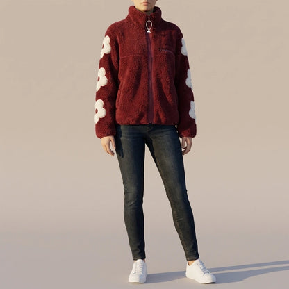 Autumn and Winter Puff Flower Patch Embroidery Half High Collar Zipper Shake Fleece Teddy Coat — lifestyle_lead