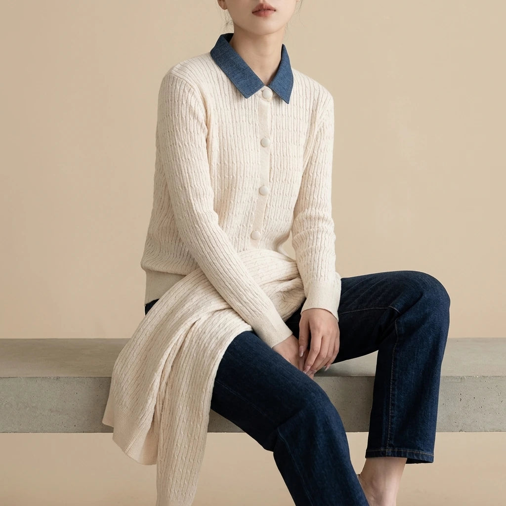 Chunky Knit Color-block Polo Neck Sweater for WomenLoose Fit Slimming Design Autumn/Winter Outwear — lifestyle