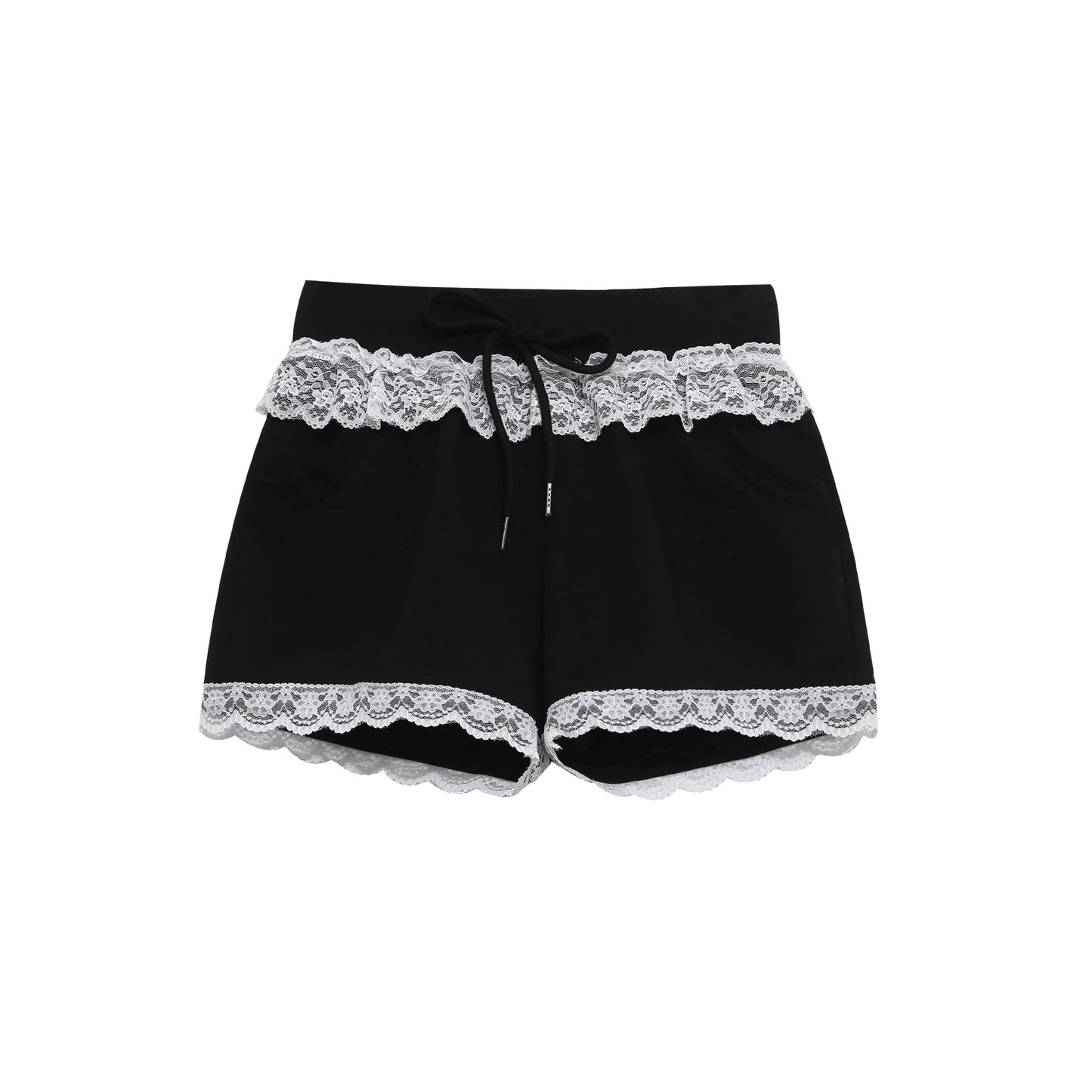Gray Lace Trim Sports Shorts High Waisted Drawstring Loose Fit Cotton Blend Casual Summer — variant_front