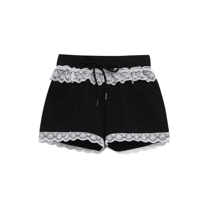 Gray Lace Trim Sports Shorts High Waisted Drawstring Loose Fit Cotton Blend Casual Summer — variant_front
