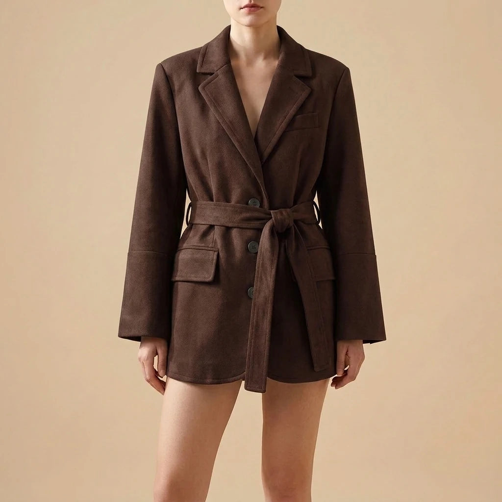 Shoulder padded suede suit jacket for women — variant_front