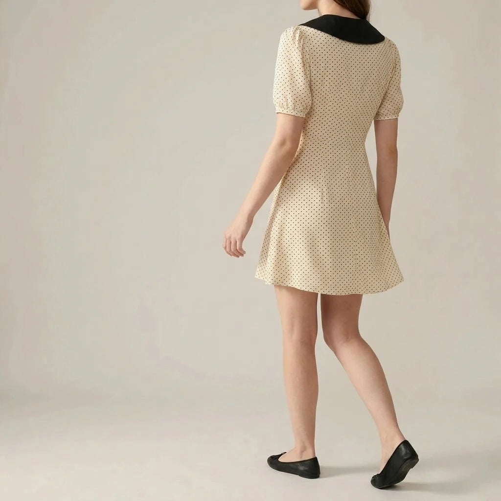 Elegant A-Line Mini Dress Women’s Polka Dot Contrasting Colors V Neck Puffed Short Sleeve Daily Summer Apricot Polyester Natural Waist — lifestyle_lead
