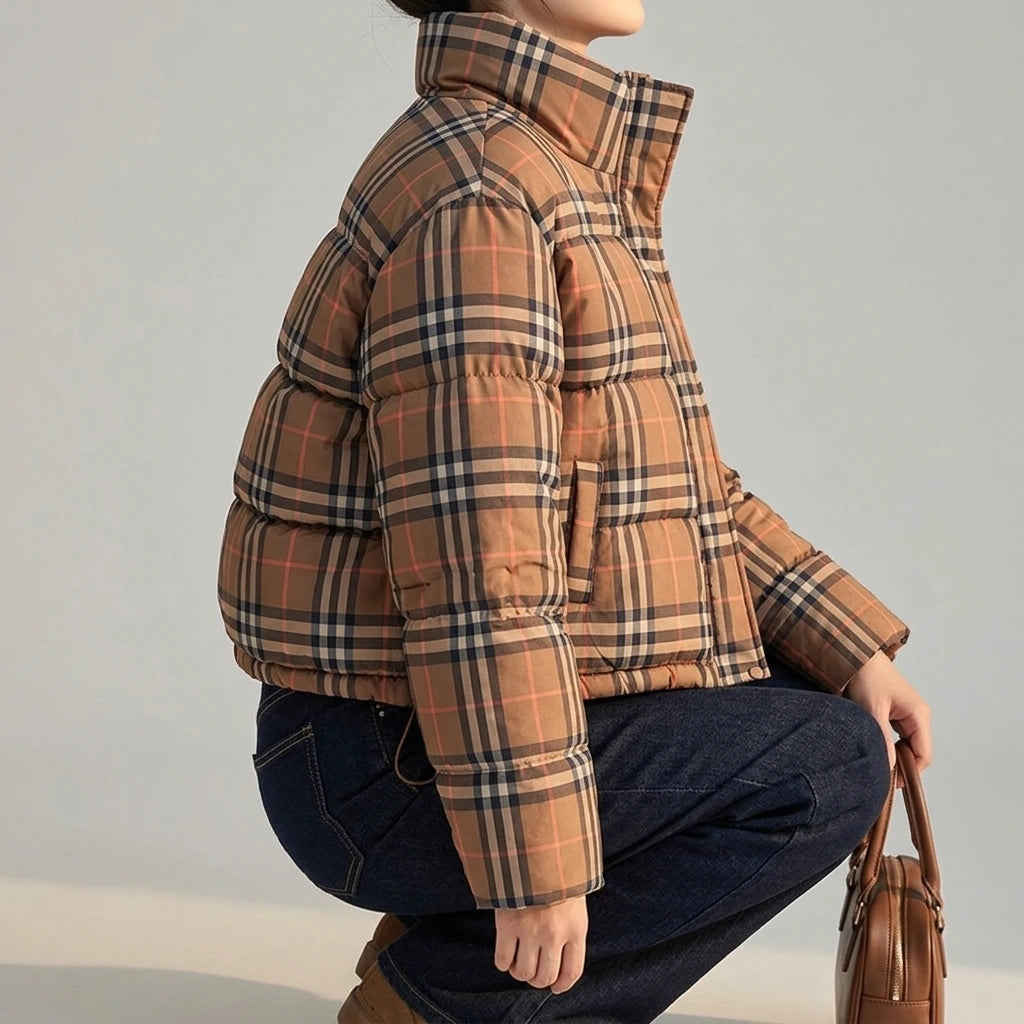 Winter New  Plaid Short Puffer Coat for Petite Women, Thick Warm Cotton Jacket, Fashionable Hooded Outwear — variant_front