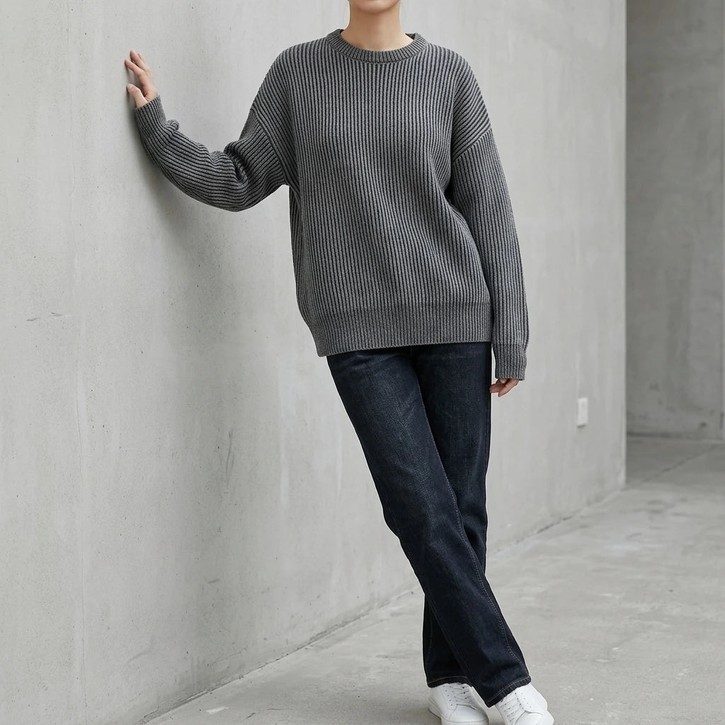 Simple Solid Color Distressed Chunky Knit Crewneck Loose Pullover Sweater — variant_front