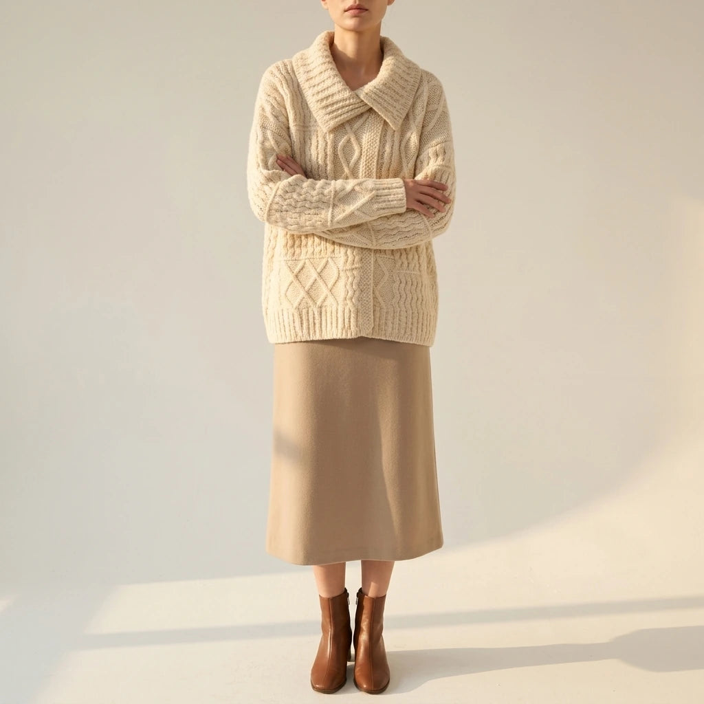 Turn-Down Collar Cable Knit Sweater Coat for Women Autumn Winter Retro Lazy Style Thick Chunky Knit Sweater — variant_front