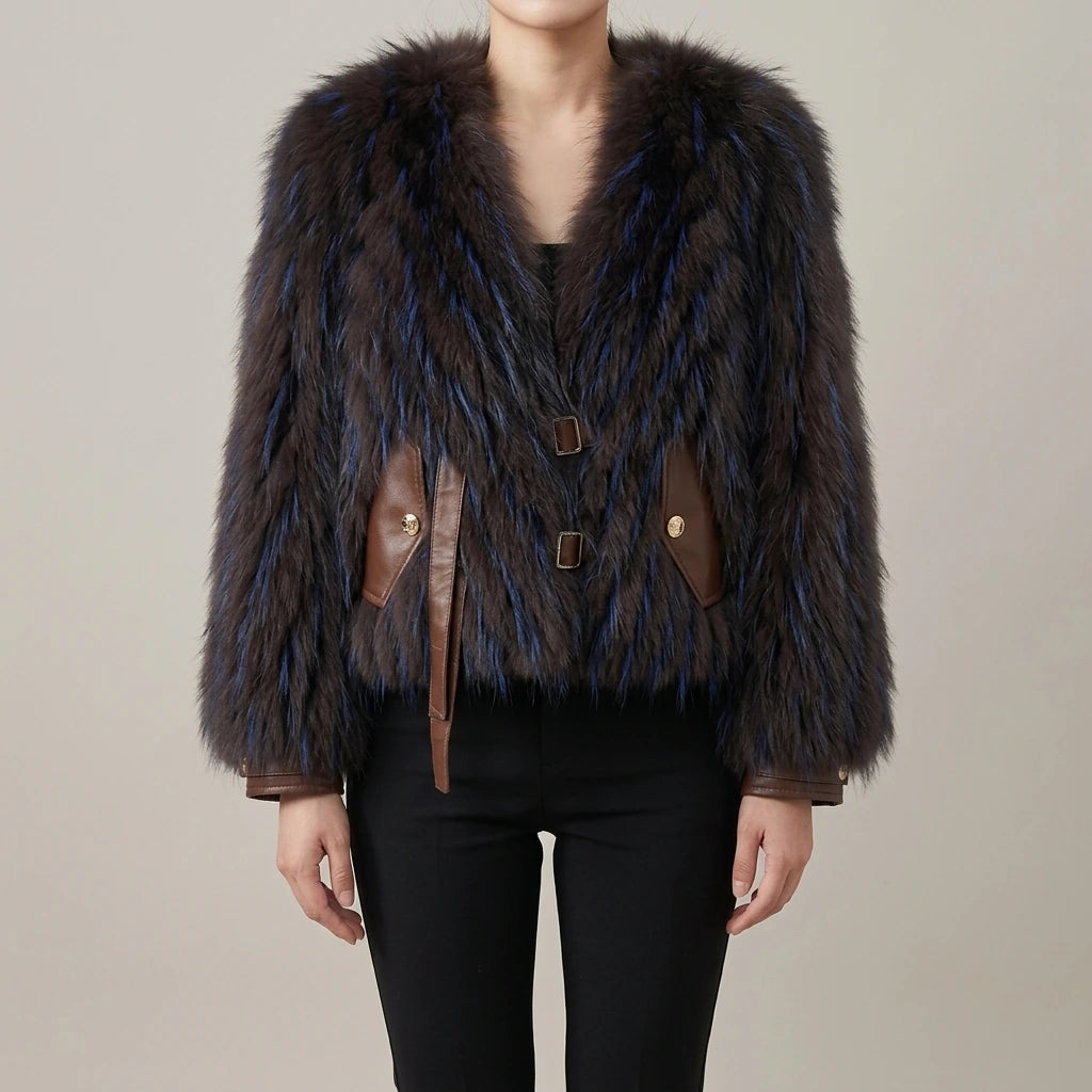 Raccoon fur grass coat, woven with car stripes, women's short jacket, Haining autumn and winter new small fresh and stylish, age reducing — lifestyle