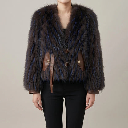 Raccoon fur grass coat, woven with car stripes, women's short jacket, Haining autumn and winter new small fresh and stylish, age reducing — lifestyle