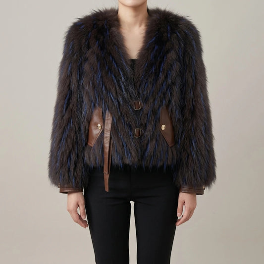 Raccoon fur grass coat, woven with car stripes, women's short jacket, Haining autumn and winter new small fresh and stylish, age reducing — lifestyle