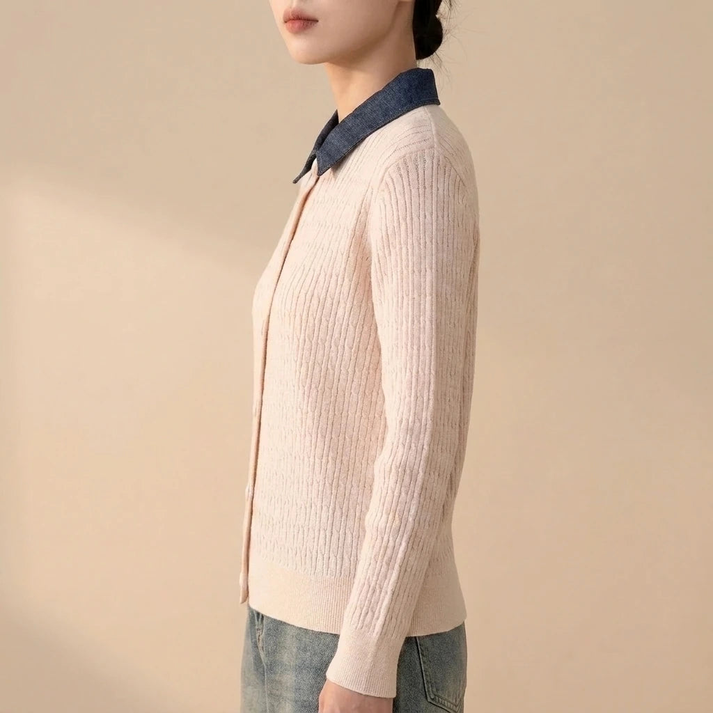 Chunky Knit Color-block Polo Neck Sweater for WomenLoose Fit Slimming Design Autumn/Winter Outwear — variant_front