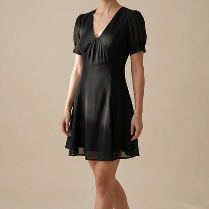 Elegant Black Ruched Skater Mini Dress Women’s A-Line V Neck Short Puffed Sleeves Workwear Summer Daily Polyester Natural Waist — lifestyle