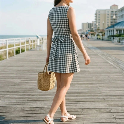Retro Plaid A-Line Mini Dress Women's Sleeveless Boat Neck Daily Wear Natural Waist Medium Stretch Polyester Grey Summer Spring — lifestyle