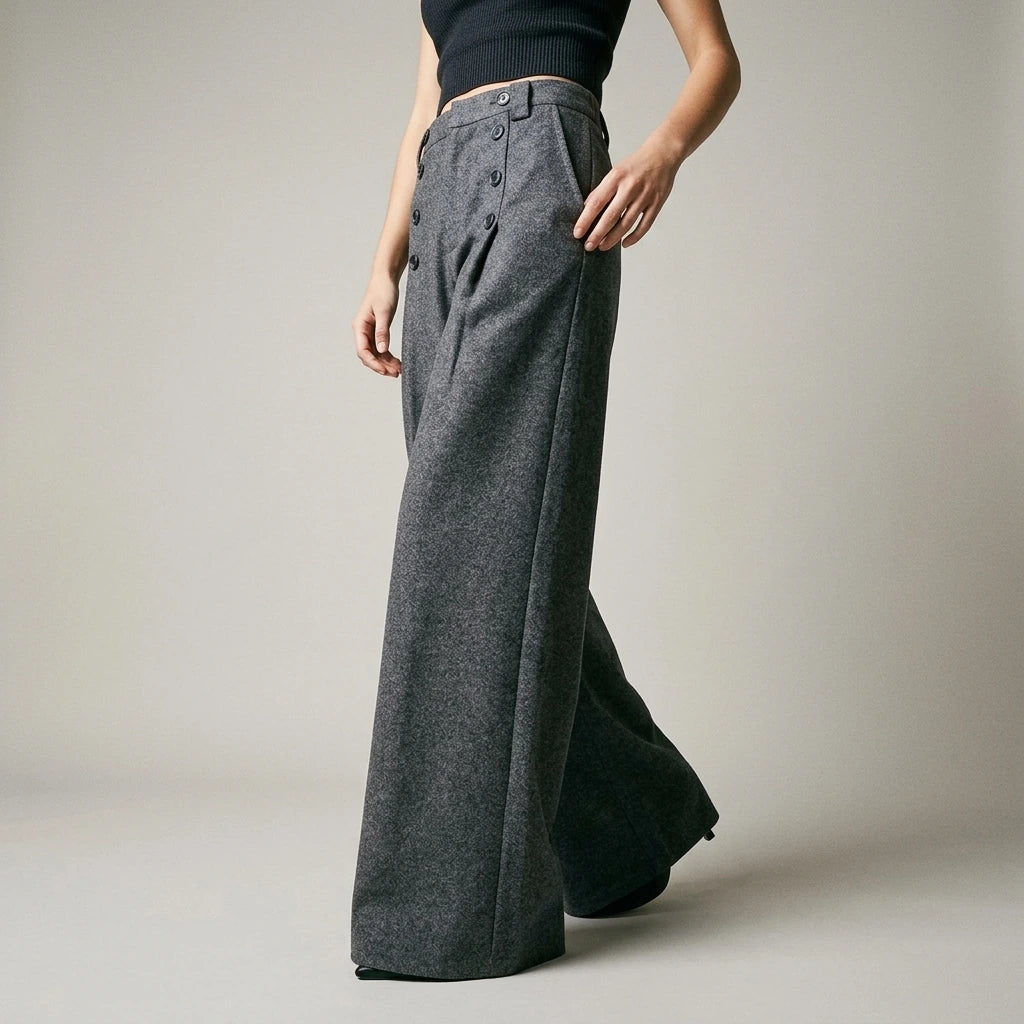 Fluid Trousers with Vertical Button Design, Loose Wide-Leg Tailored Fit, Pleated Straight Leg Pants — lifestyle