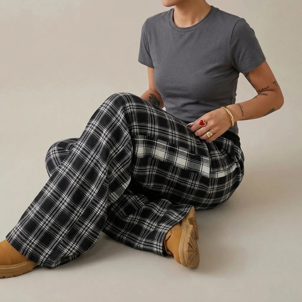 Loose Lazy Style Straight Leg Plaid Patchwork High Waist Drape Casual Sweatpants — variant_front