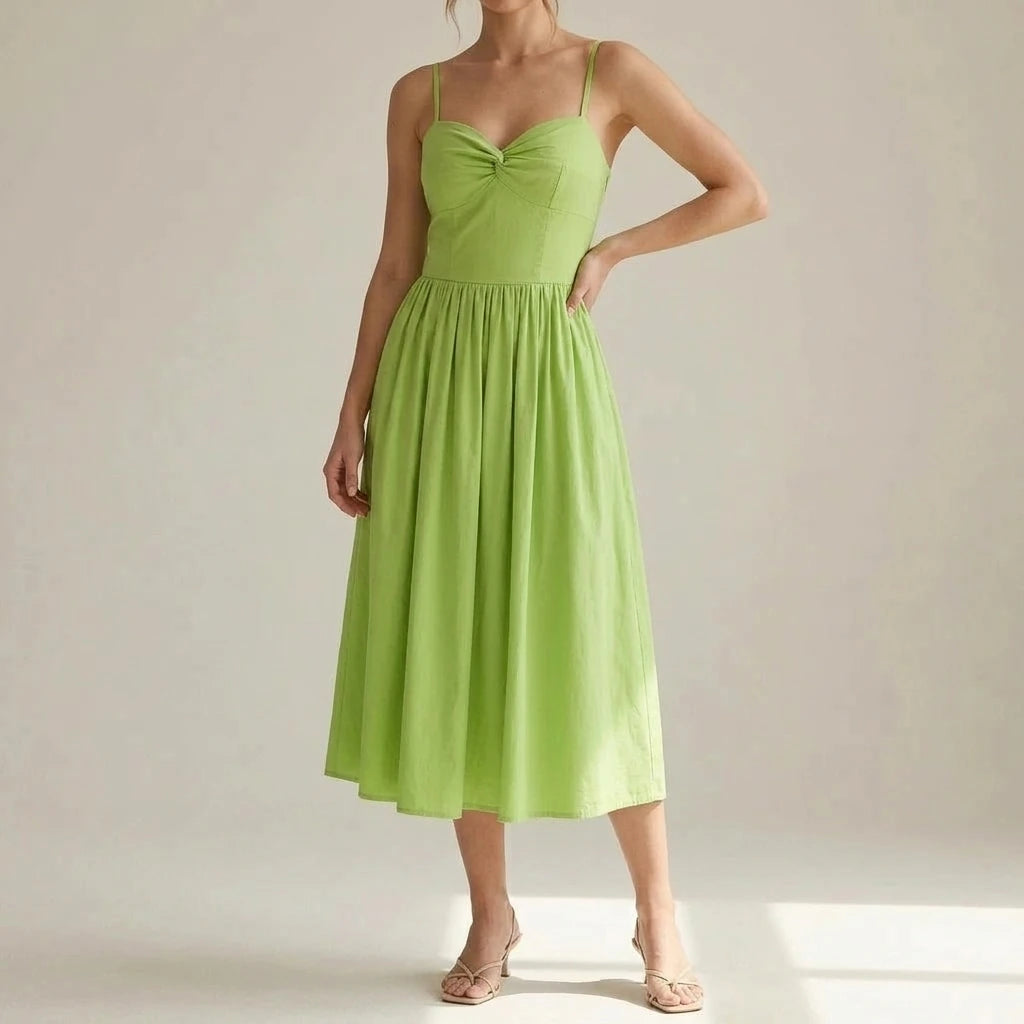 Elegant Green Pleated Slip Midi Dress Women's A-Line Sleeveless Sweetheart Neck Daily Wear Semi-Formal Summer Natural Waisted Polyester — lifestyle