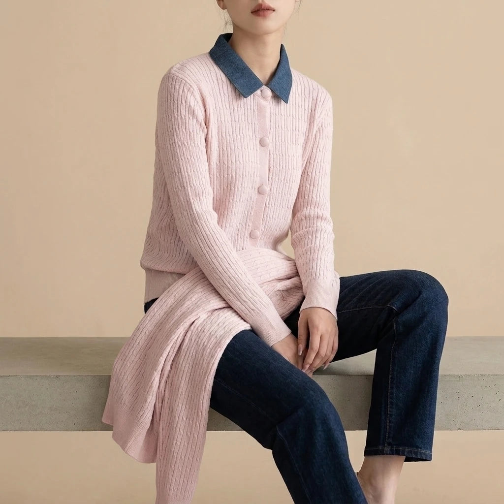 Chunky Knit Color-block Polo Neck Sweater for WomenLoose Fit Slimming Design Autumn/Winter Outwear — variant_front